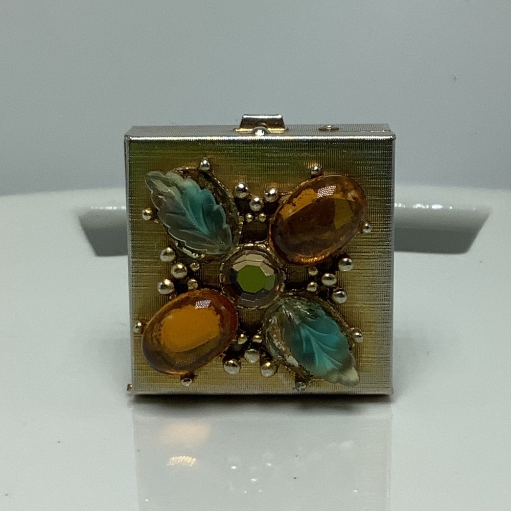 Vintage Gold Tone Pill Trinket Box Orange Turquoise Jeweled Square Box w/ Insert - Picture 7 of 12